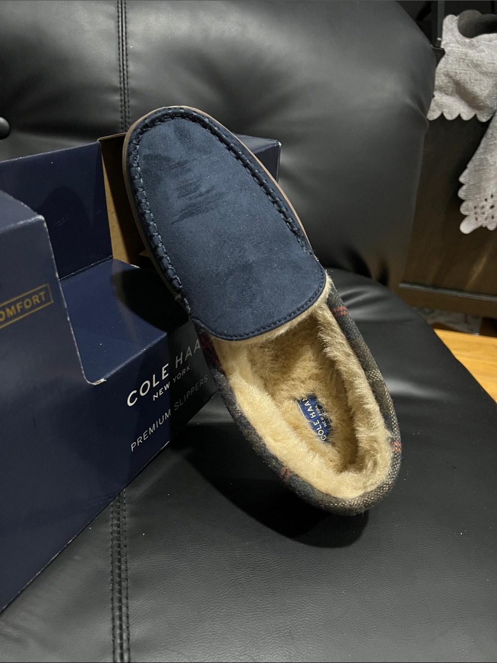 Cole Haan Navy Suede and Brown Plaid Shearling-Lined Slip-On Loafers